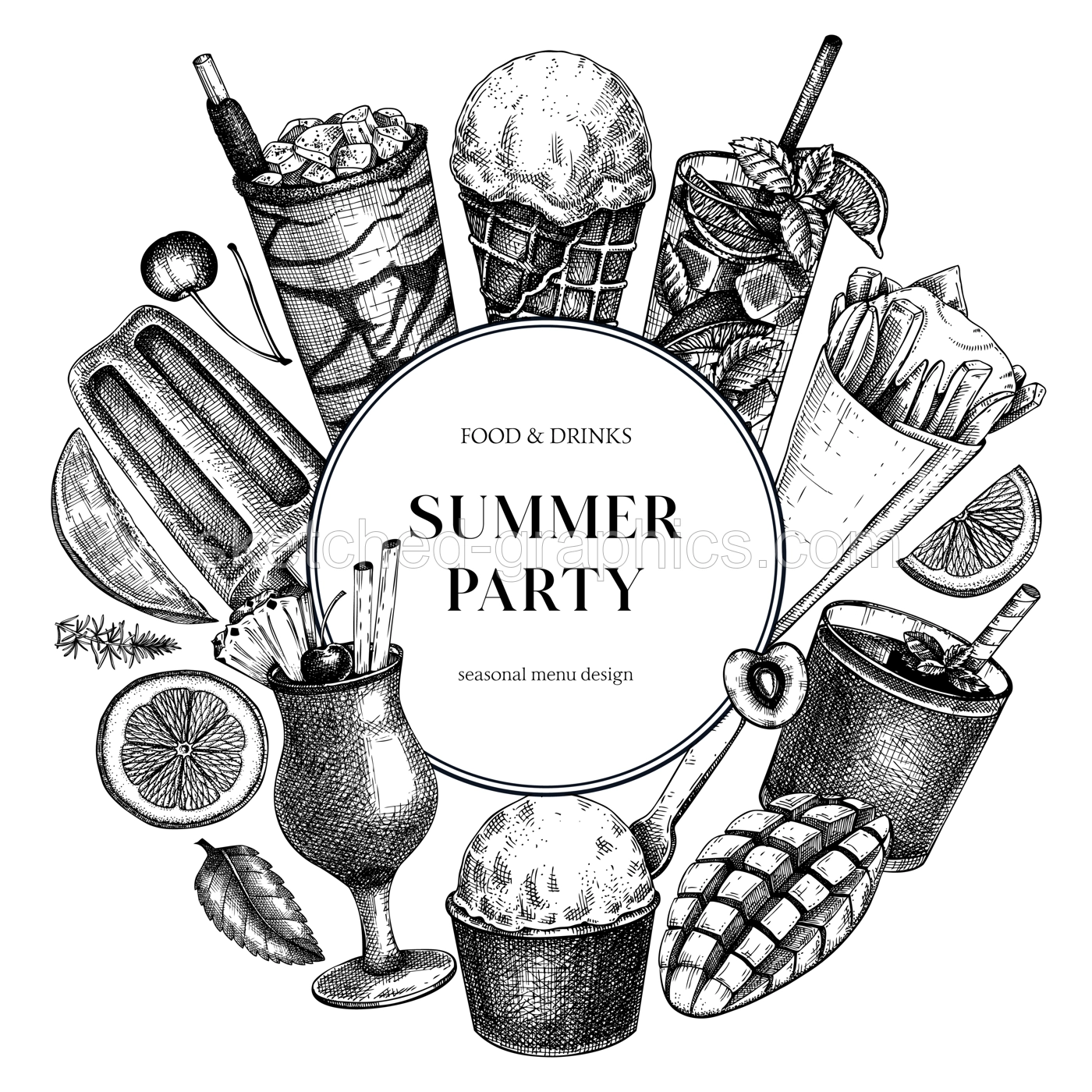 Summer party banner. Non-alcoholic beverage, mocktail, ice cream, fruit, cocktail sketches. Hand drawn vector illustration. Summer food and drinks. Vintage bar menu. Tropical design Illustration